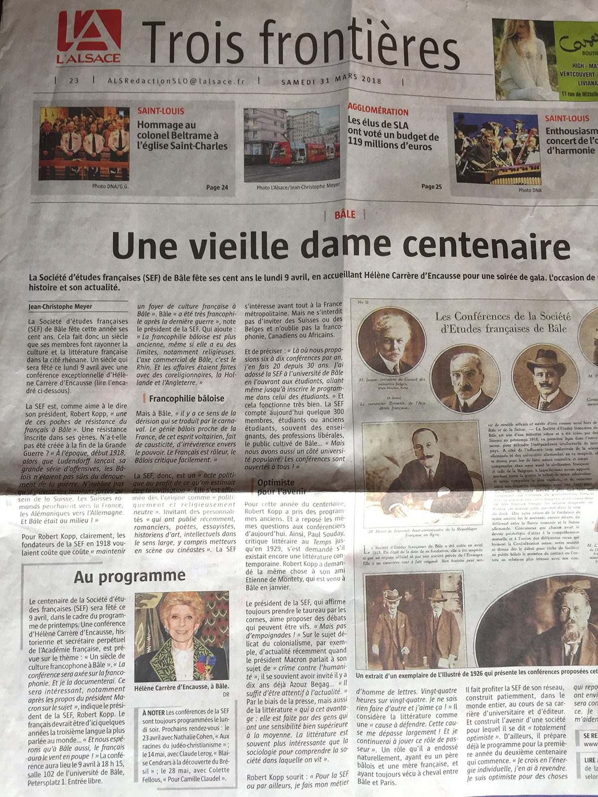 Le Centenaire de la SEF en première page